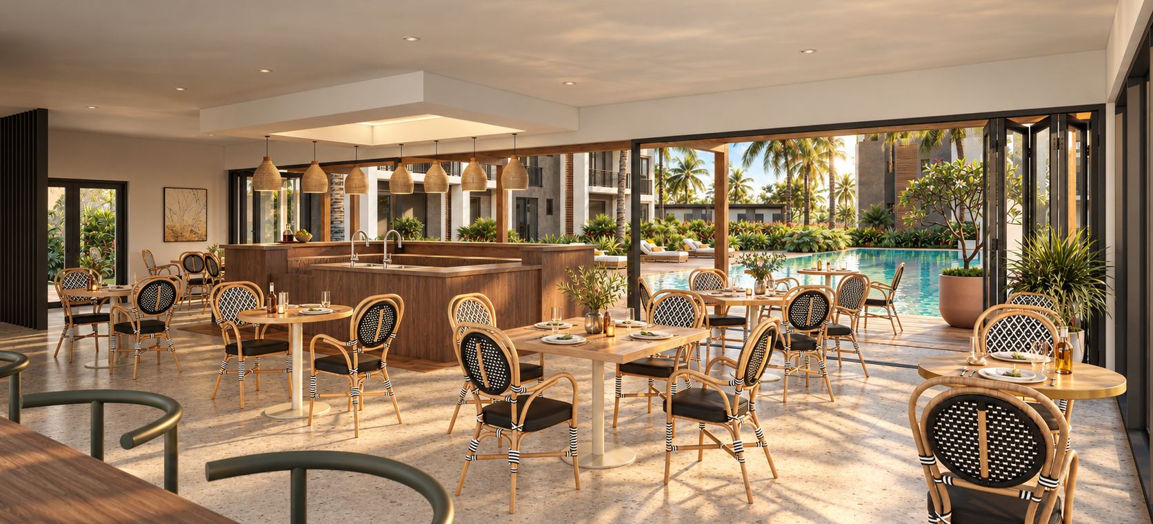 Bar lounge ouvert sur la piscine