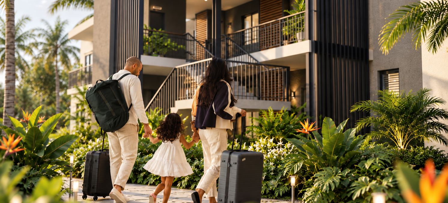 Famille arrivant aux résidences